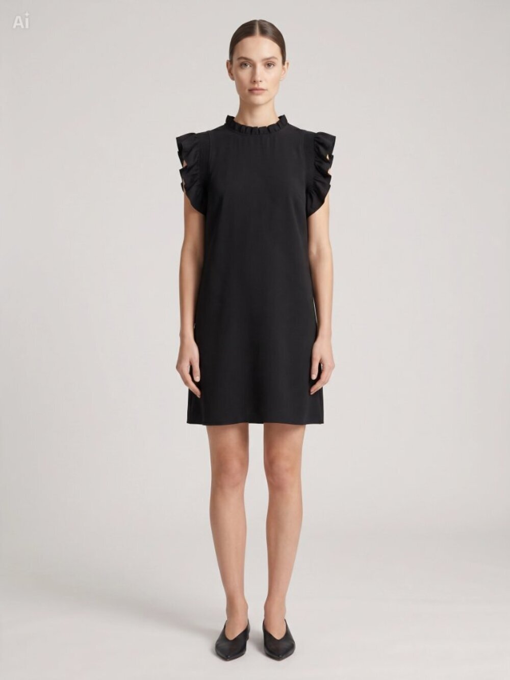 Classic Black Ruffle Neck Flutter Sleeve Shift Dress LBD